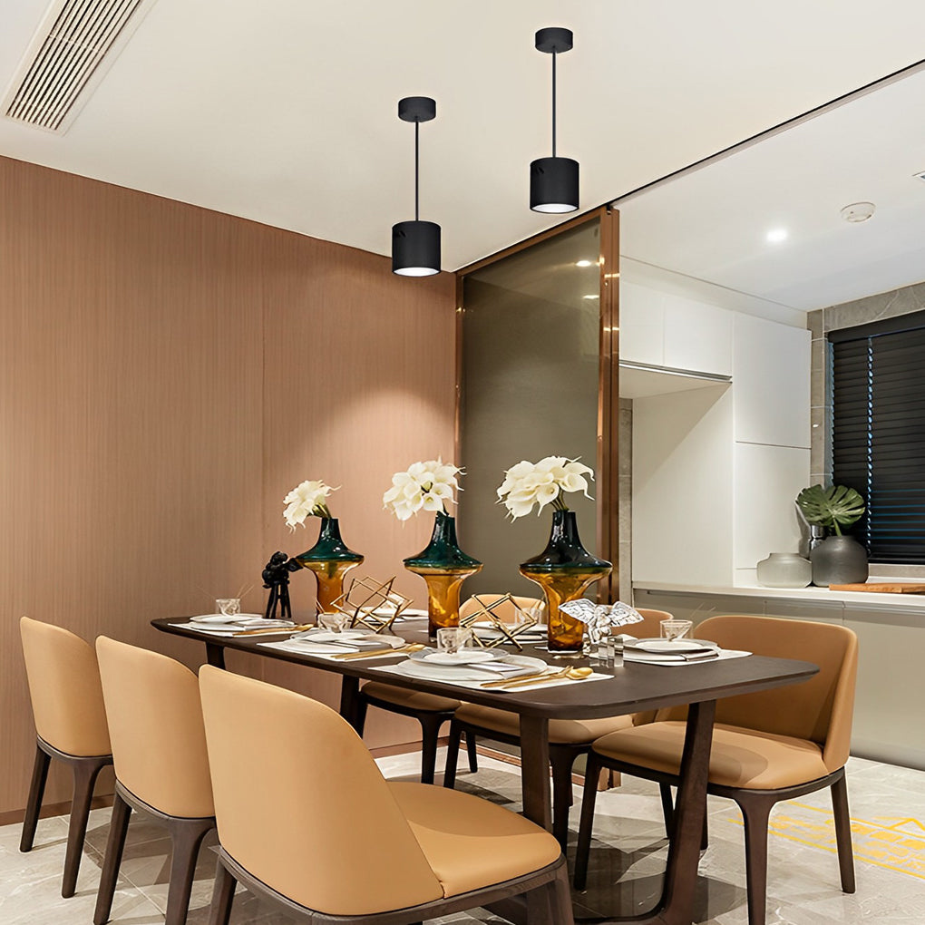 Black drum pendant light enhancing a modern home office with warm light.