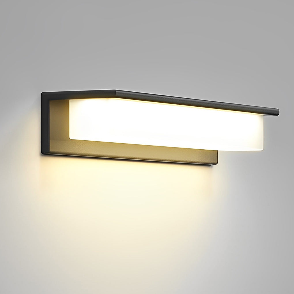 Front porch light fixtures with black frame and warm light.