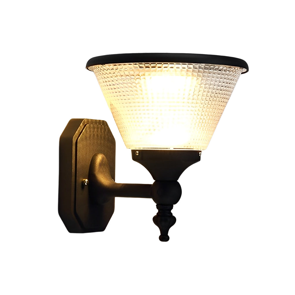 Black funnel wall light fixture with classic design, mounted on a white wall for outdoor lighting.