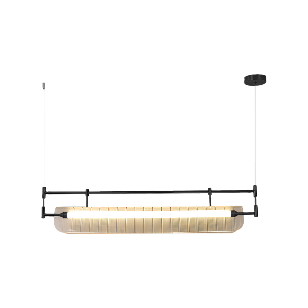 Black and gold linear light pendant showcasing geometric design with fluted glass element.