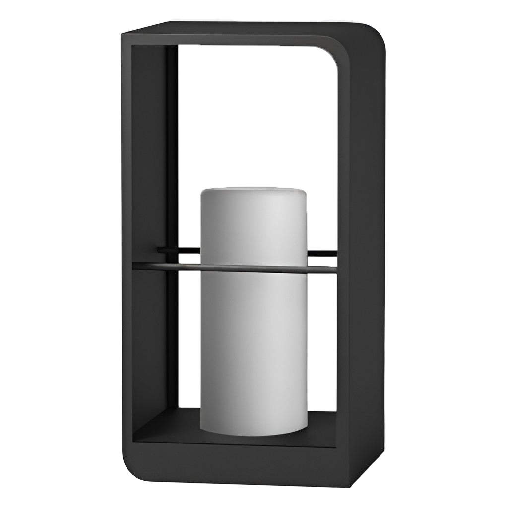 Black lantern outdoor light, top-down perspective of candle holder and frame.
