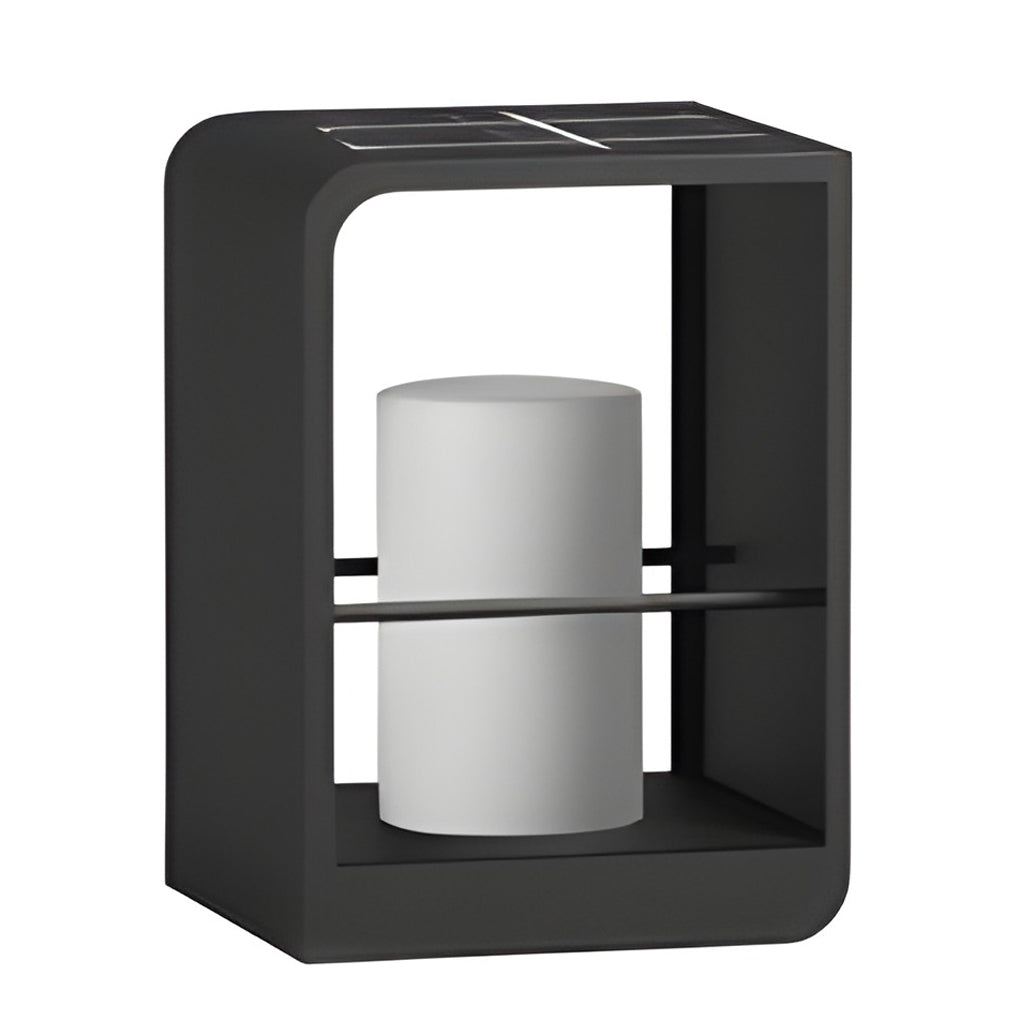 Black lantern outdoor light, side view of candle holder and sleek black frame.