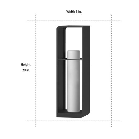 Black lantern outdoor light, detailed dimension diagram for width and height.