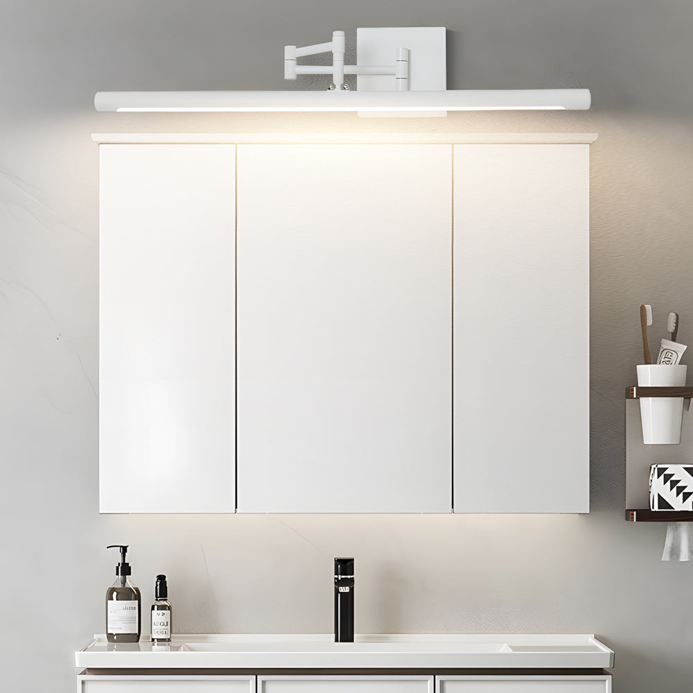 Black LED vanity light wall mounted above bathroom sink