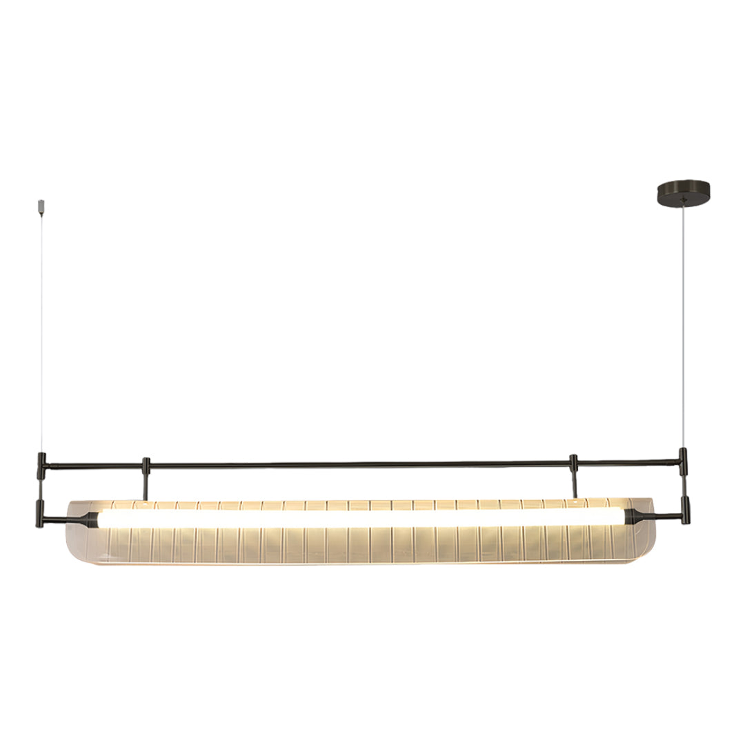 Black linear light pendant with sculptural ribbed shade displayed on white background with dimension marker.