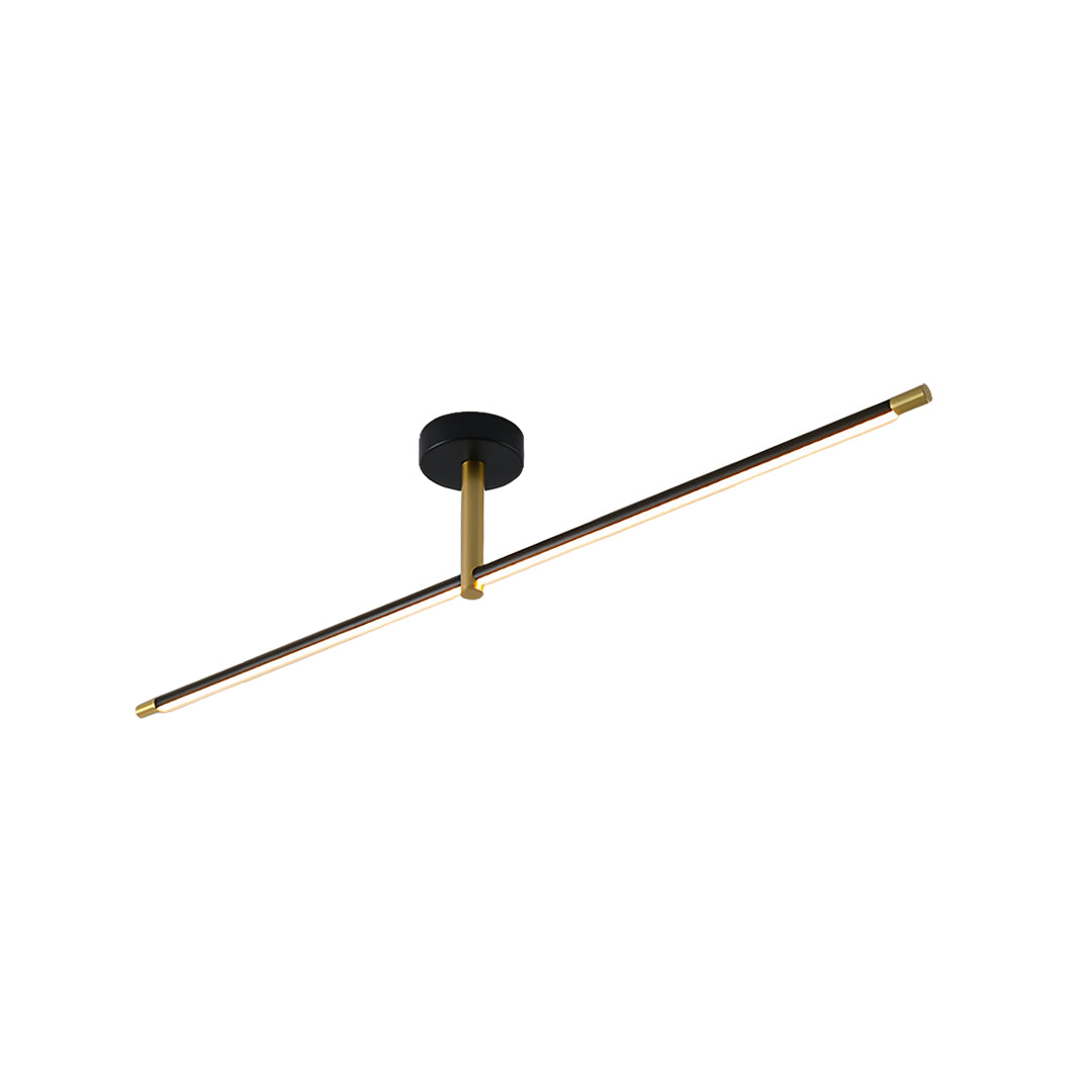 Modern black linear semi flush mount light with brass finish and sleek LED strip design for ceiling installation, 26.8-inch-width.