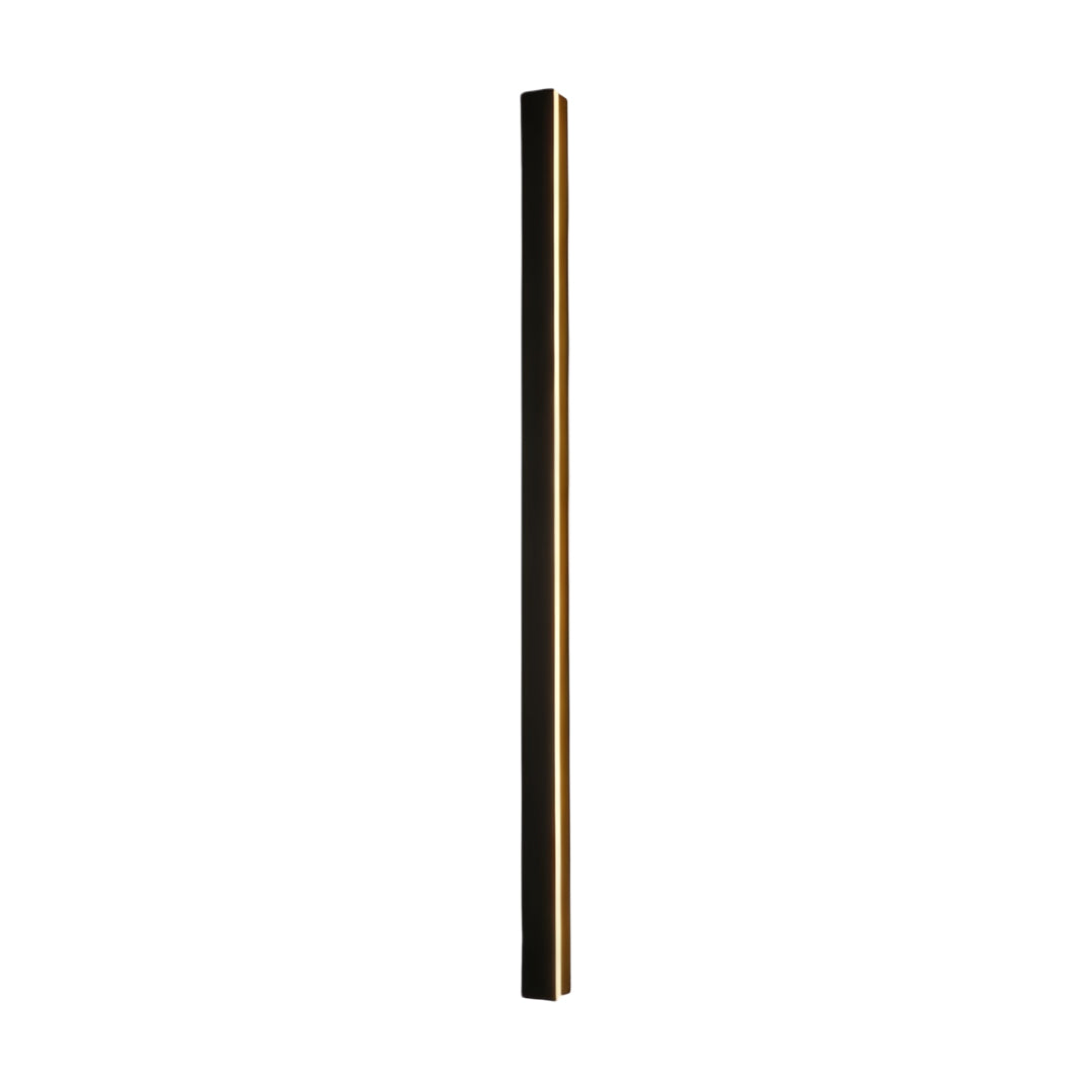 Black linear wall light with a close-up of its illuminated linear design.
