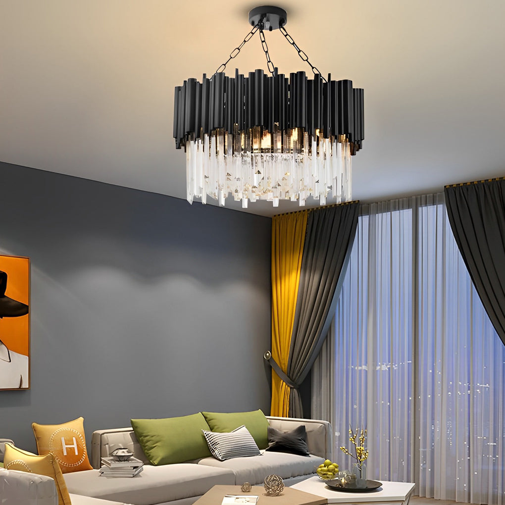 Black metal and crystal chandelier with a sleek design, enhancing a modern dining room.