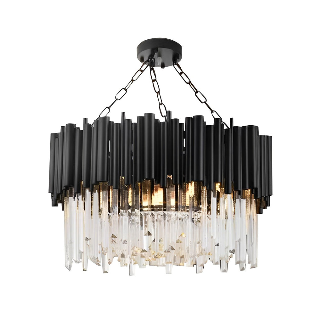 Technical diagram showing dimensions and structure of black metal and crystal chandelier models.