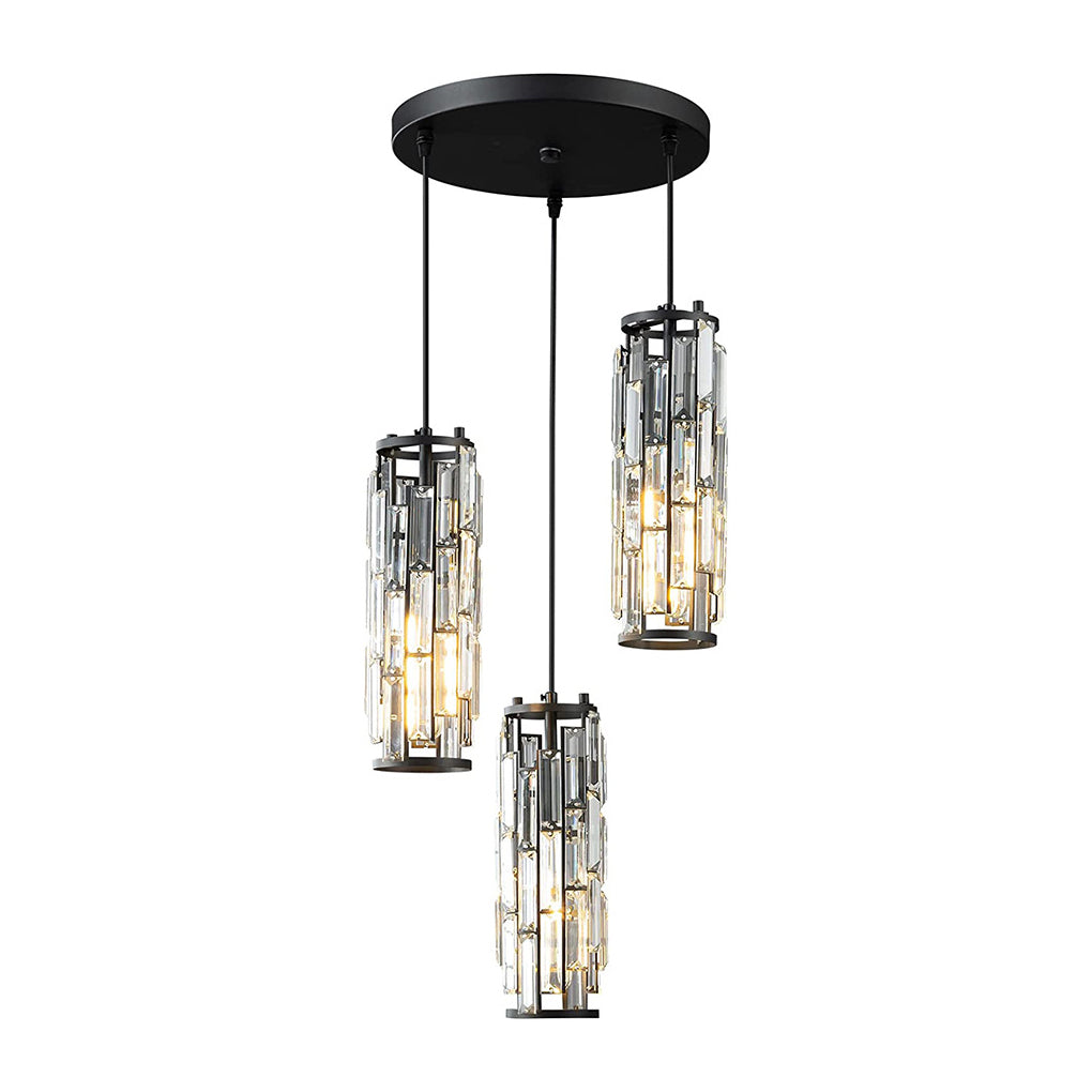 Three-light black mini crystal pendant light fixture with staggered hanging heights.