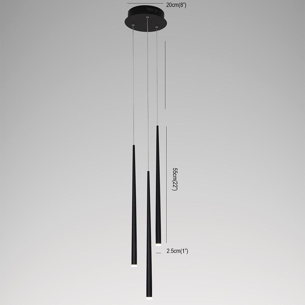 Technical dimensions of black **multi head pendant lights** showing height and width in centimeters.