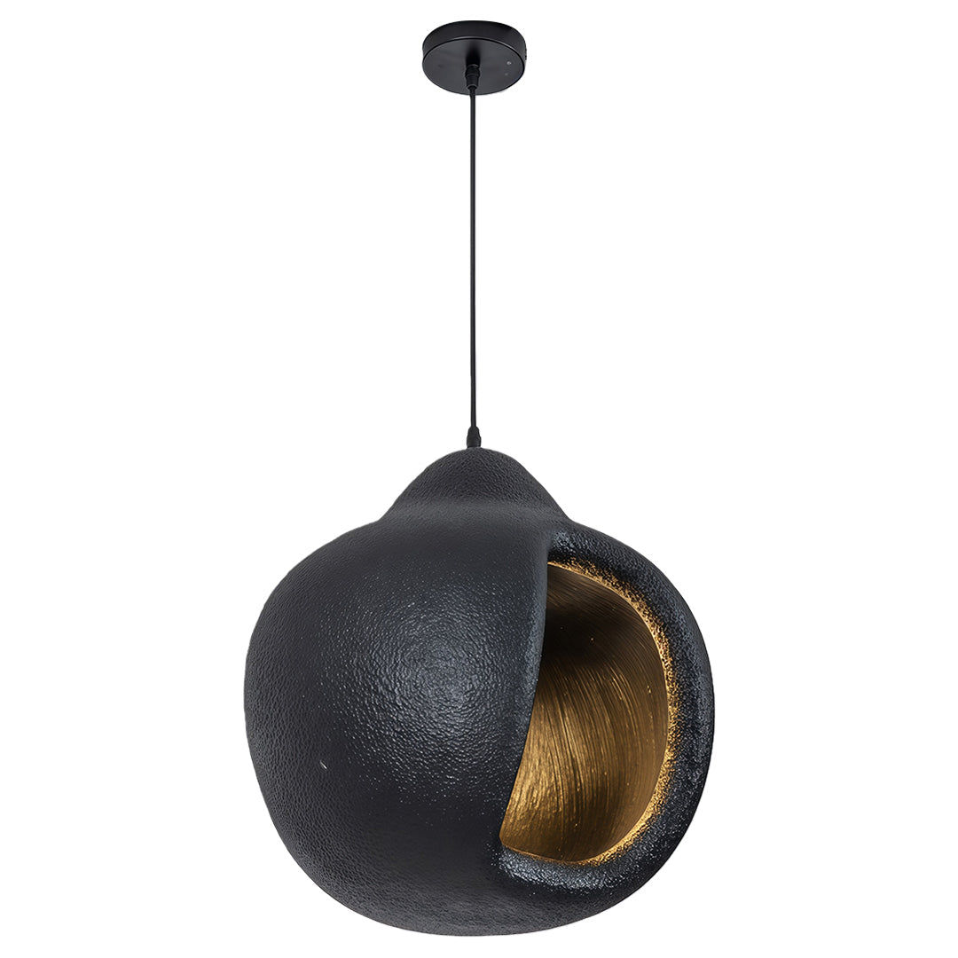 Black Nordic wabi sabi pendant light with rough stone texture and golden interior, minimalist modern style.