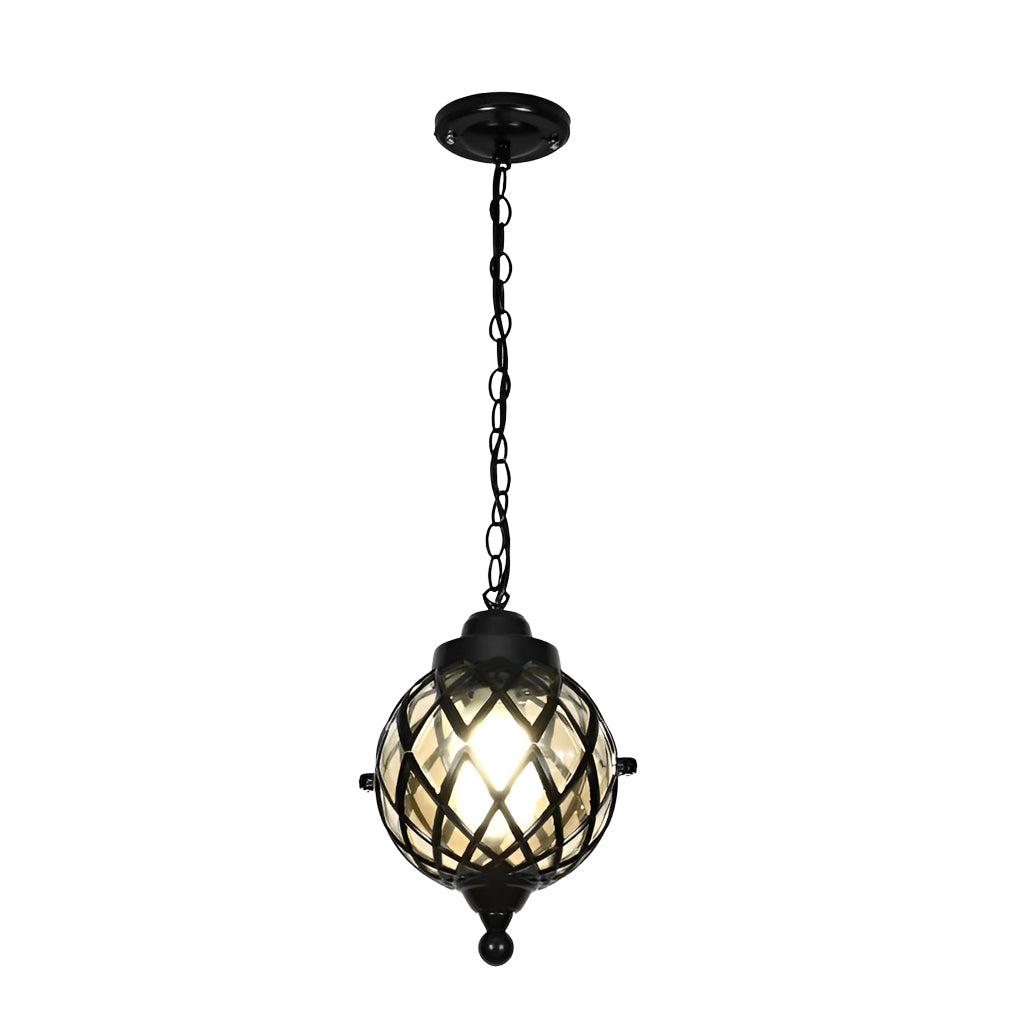 Black finish outdoor globe pendant light with chain mount isolated on white background.