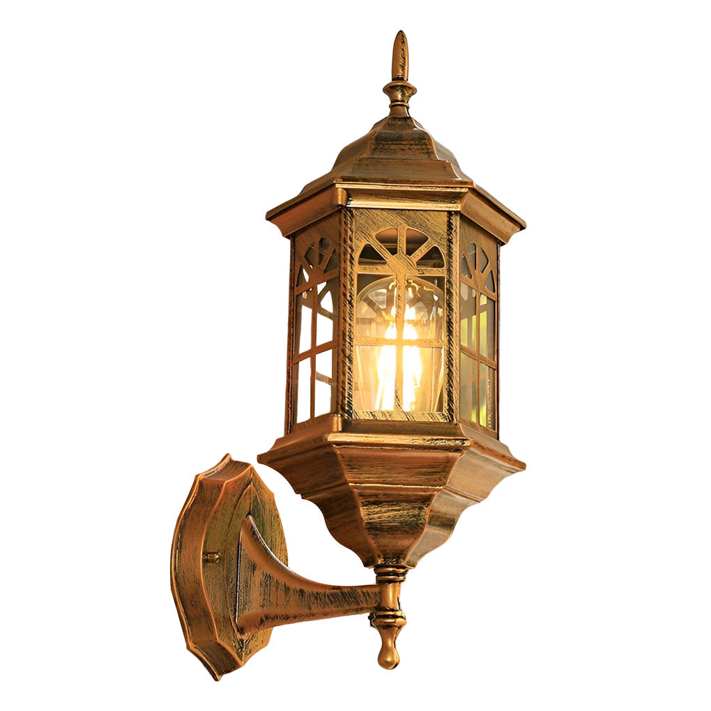 Black outdoor lantern sconce dimensions, front view with size specifications.