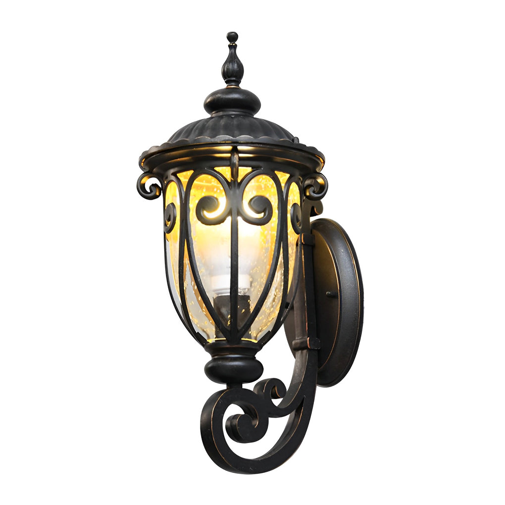 Black outdoor lantern sconce in a traditional design, displayed against a white background.