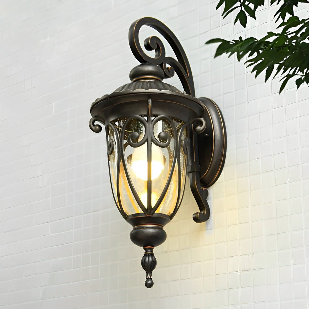 Black outdoor lantern sconce near a wooden door, adding a vintage touch to the outdoor decor.