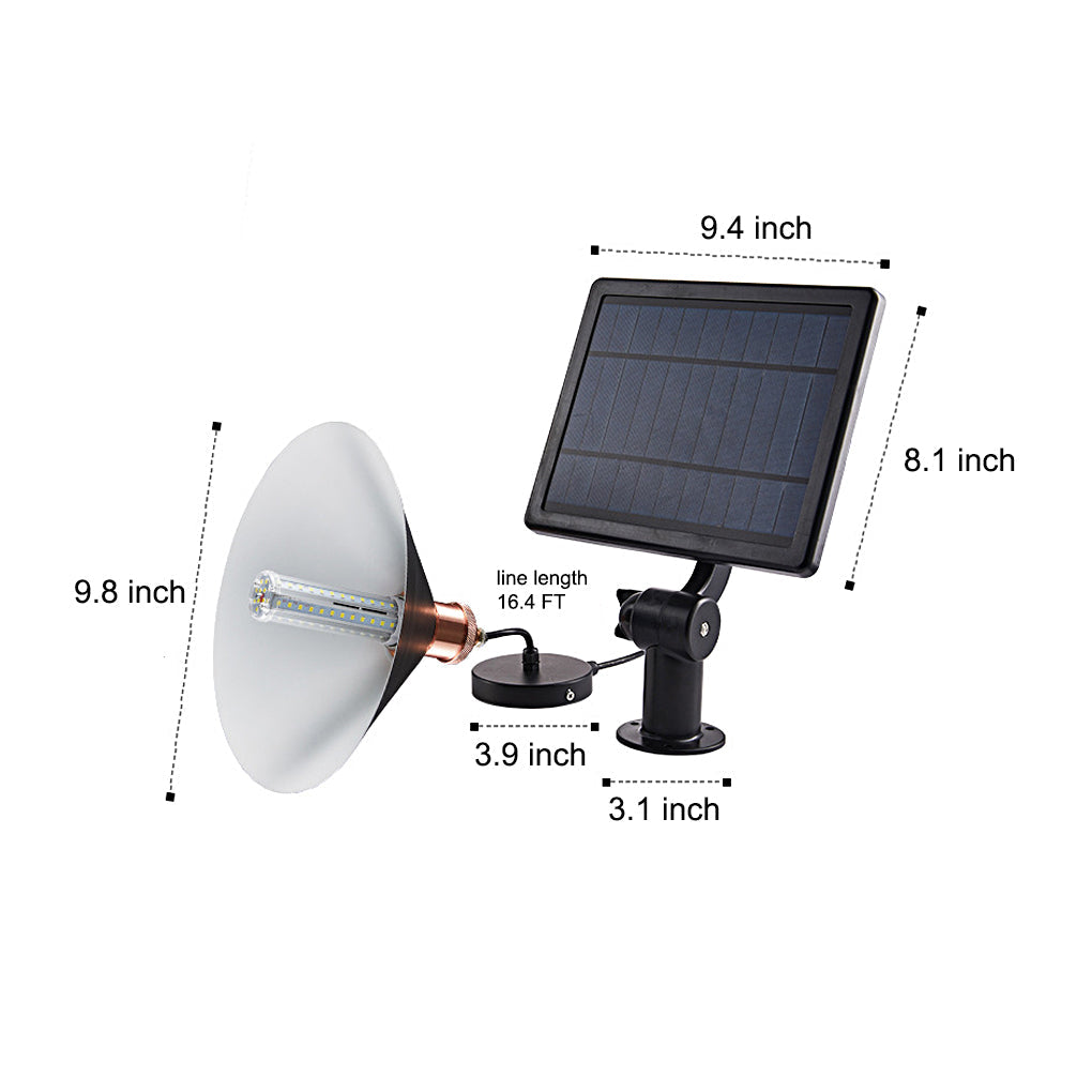 Black outdoor pendant light with solar panel, dimensions 9.8x9.4 inches pendant and 8.1x3.1 inches panel.