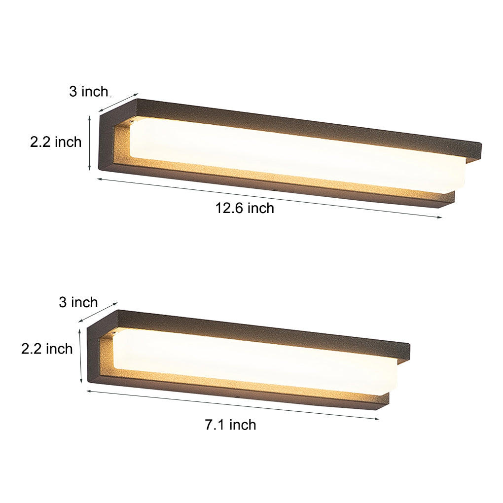 Sleek black outdoor porch lights featuring rectangular designs with dimensions 12.6x3 inches and 7.1x5 inches, perfect for modern exteriors.