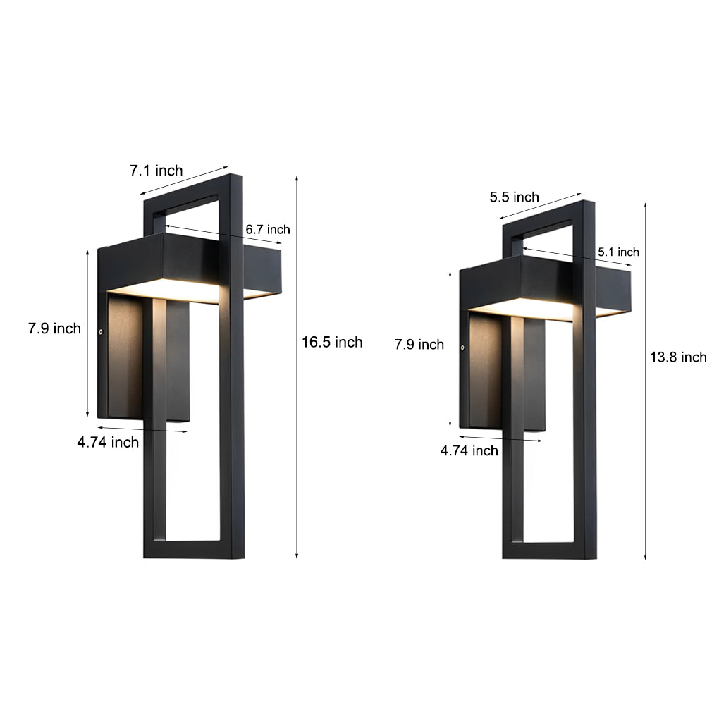Dimension of metal housing edge on an black outdoor wall sconce modern.