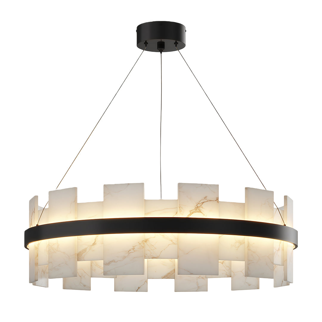 Copper modern chandelier in black oxide with dramatic geometric panel arrangement