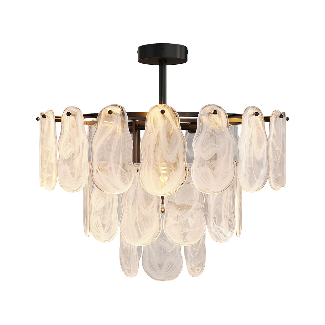 Luxury midcentury modern chandeliers with black oxide finish and dramatic glass panel configuration.