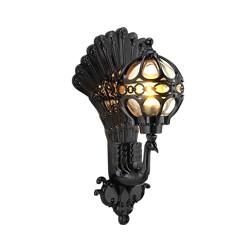 Black peacock wall light isolated showing lantern and feather design.