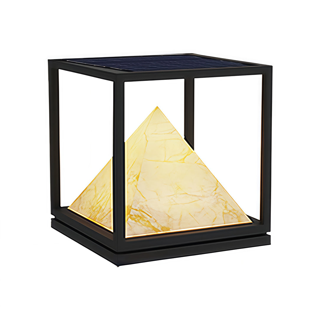 Outdoor pathway scene showcasing glowing pyramid lamps featuring elegant light pillar design.
