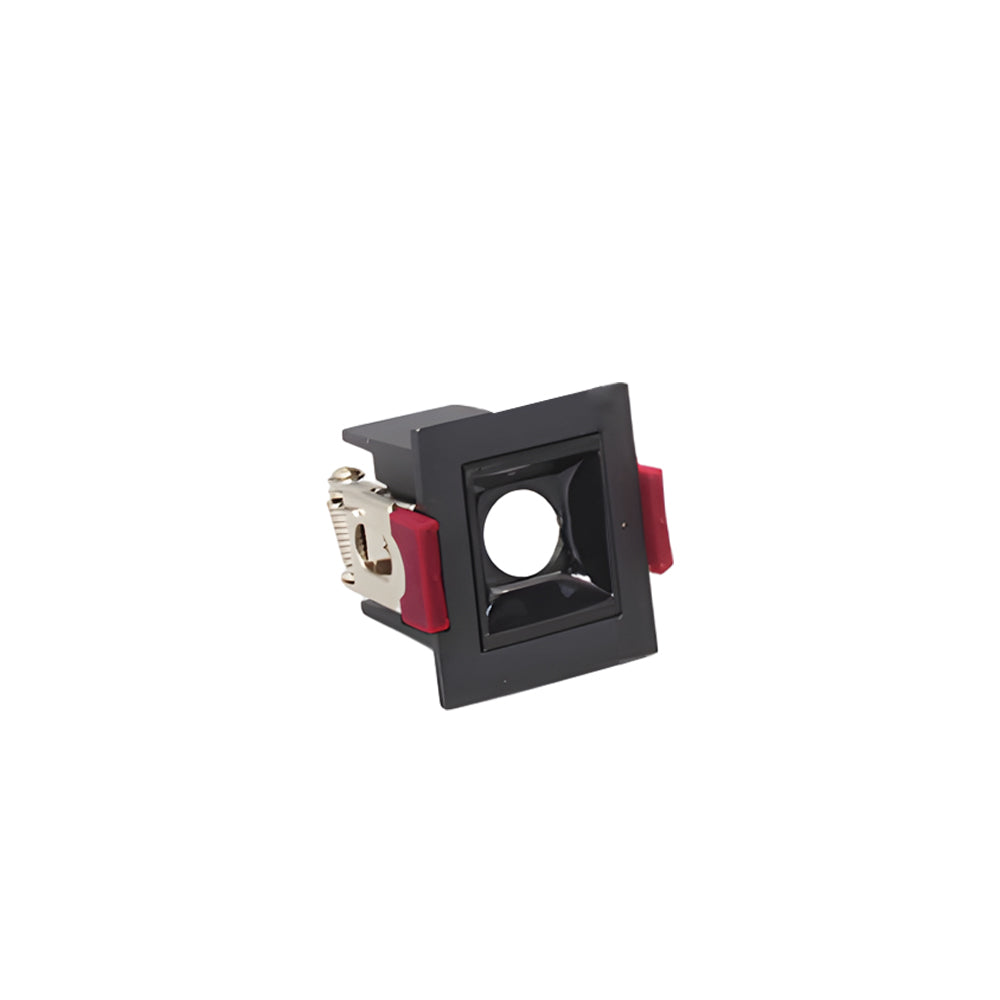Black recessed ceiling spot light with adjustable mounting clips.