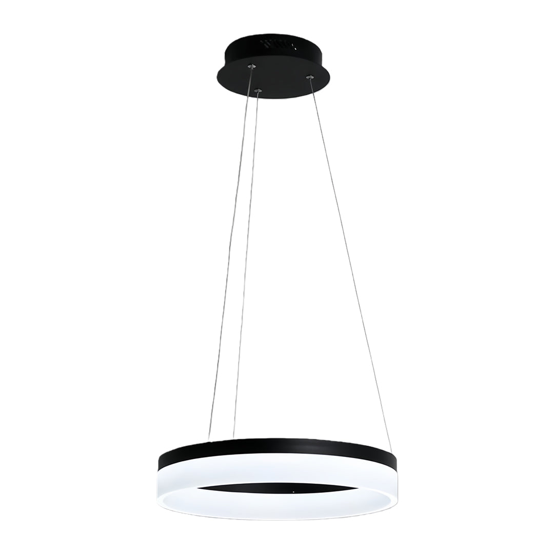 Black ring pendant light shown from bottom view emphasizing circular LED light distribution.