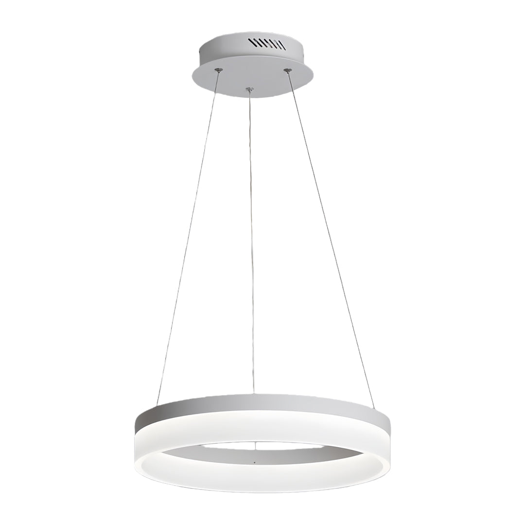 Close-up of black ring pendant light showing smooth diffuser and matte black finish.
