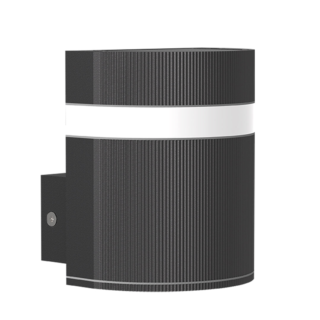 Black round garden wall light with ribbed surface and dual beam design
