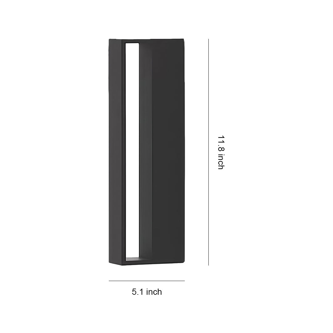 Black sconces outdoor with glass shade chandelier inspired design in vertical rectangular form with frosted glass diffuser and dimensions.