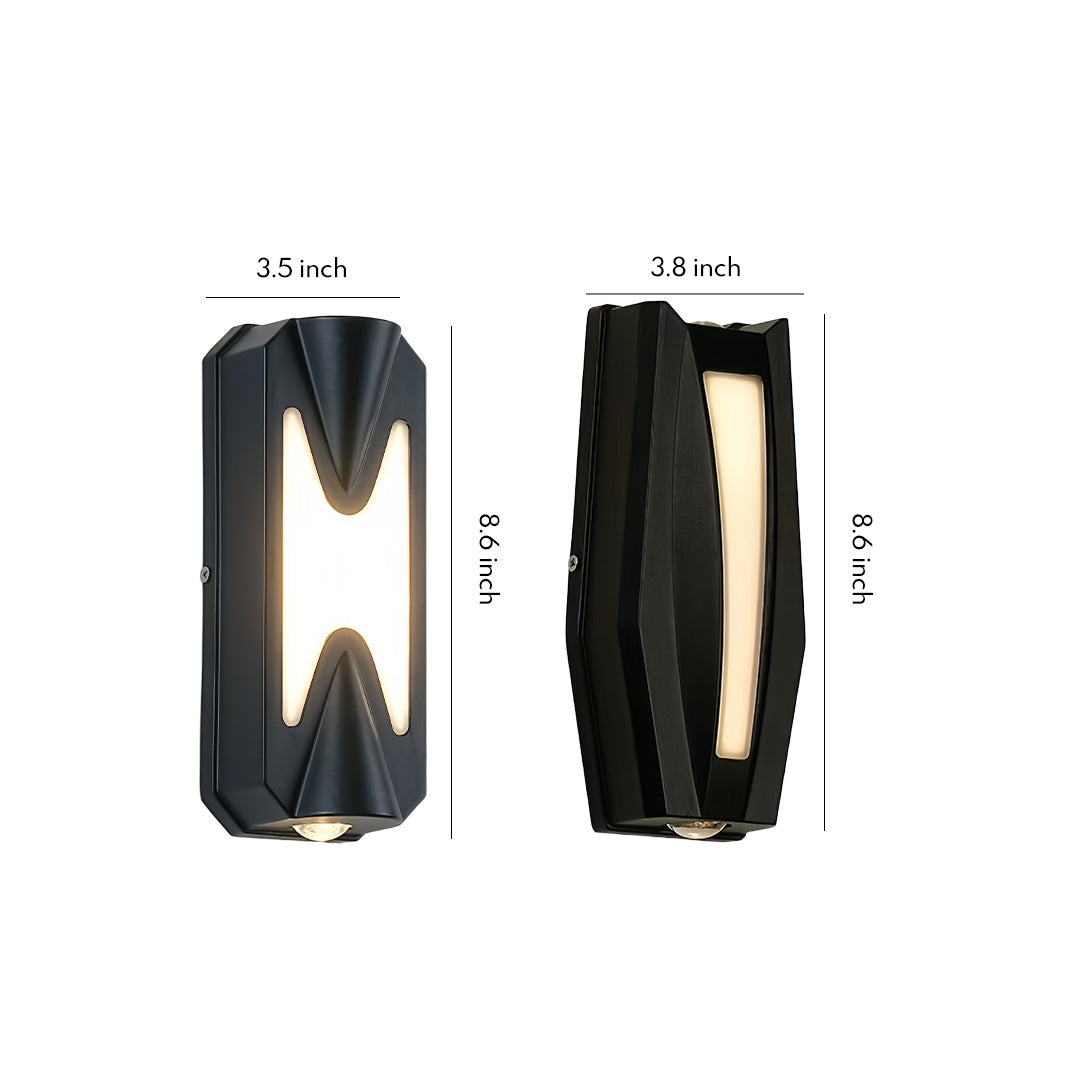 Black sculptural up down outdoor wall light with curved openings creating symmetrical light beams.