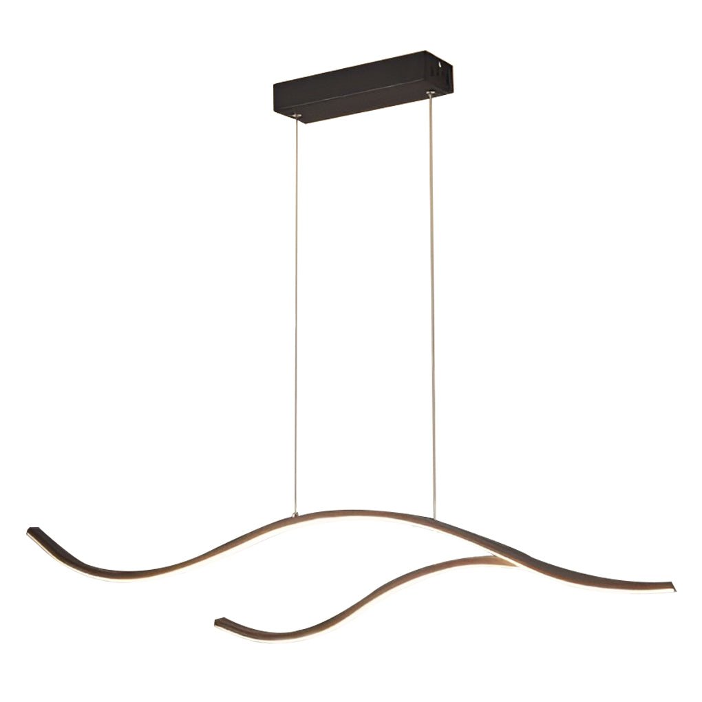 Single-wave black curved LED pendant light with minimalist design on white background.
