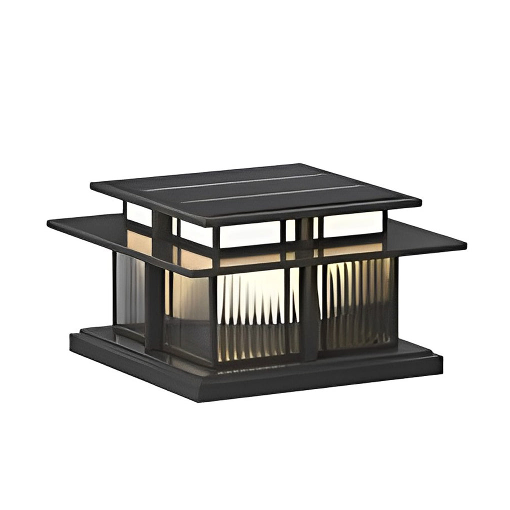 Black square porch pillar lights with layered roof panel design for outdoor post lighting.