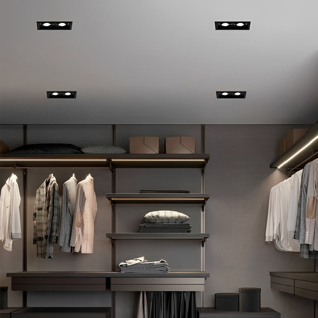 Black twin ceiling light installed in walk-in closet for focused downlighting.