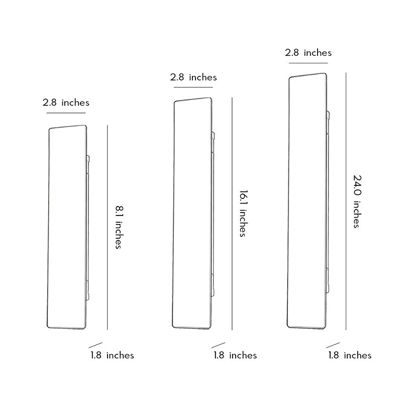 Black up and down wall lights dimension drawing with multiple modern rectangular size options.