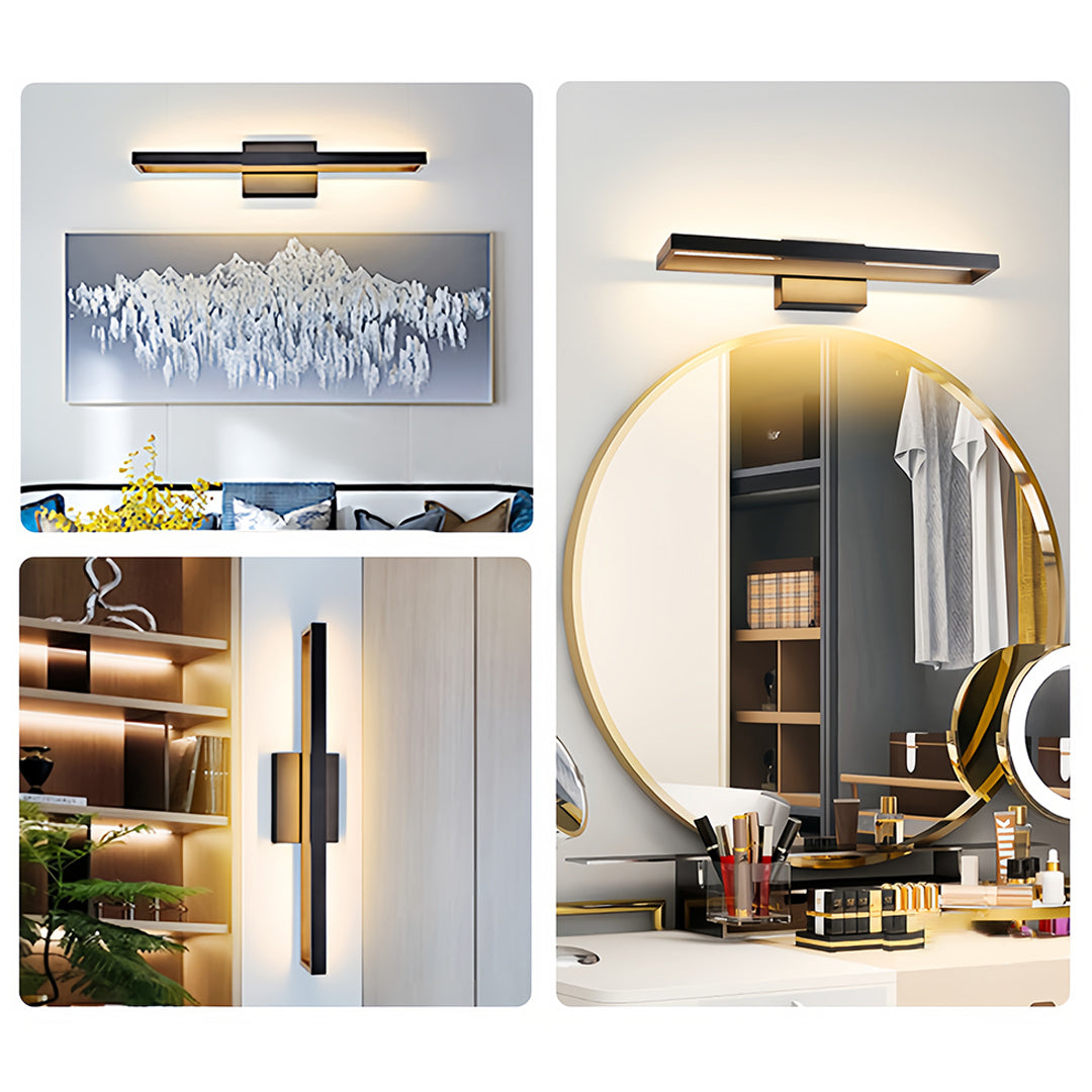Black vanity bathroom light installed above kitchen counter and mirror showcasing warm LED illumination