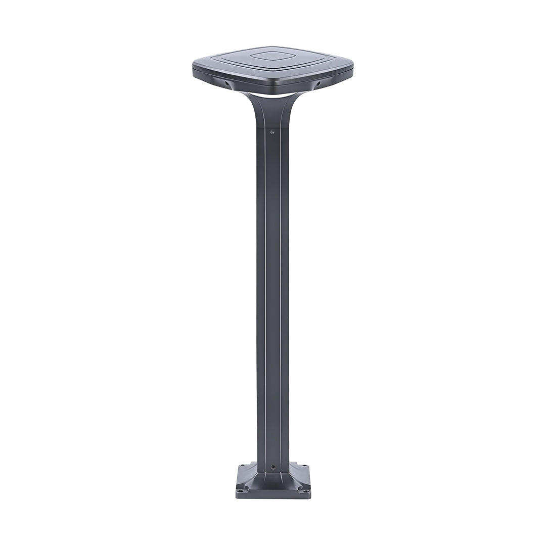 Bright black wall-mounted outdoor light with solar panel, placed beside the front door.