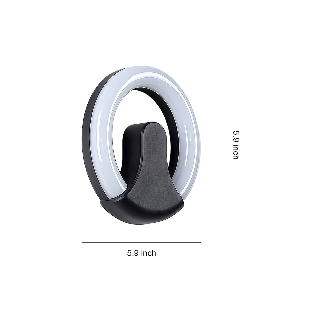 Black wall sconce light with glass shade chandelier inspired design featuring modern circular LED ring with dimensional center element.
