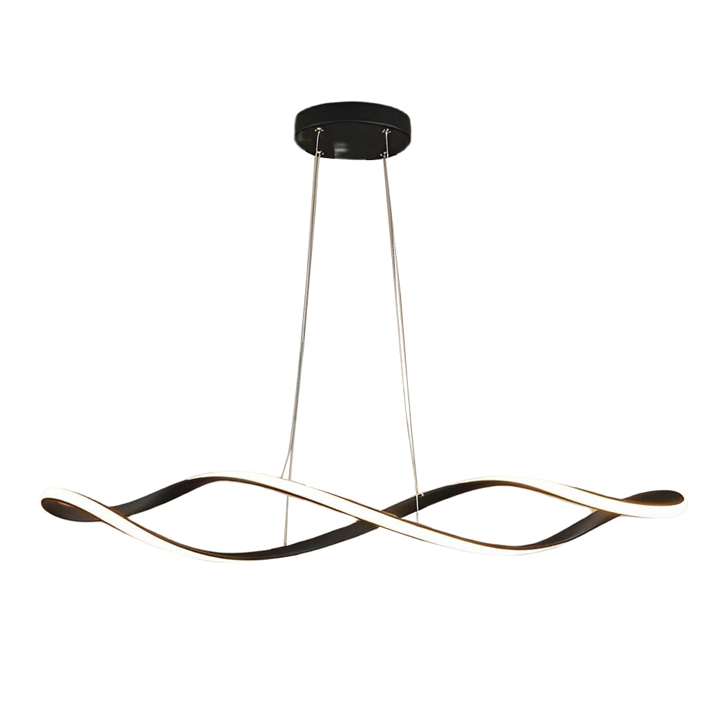 Waveform pendant light in black finish hanging above dining table in contemporary room.
