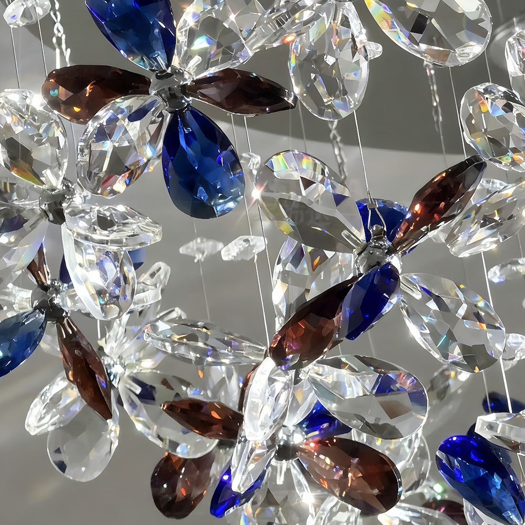 Detailed view of crystal flush mount lights with alternating blue and clear crystal arrangement