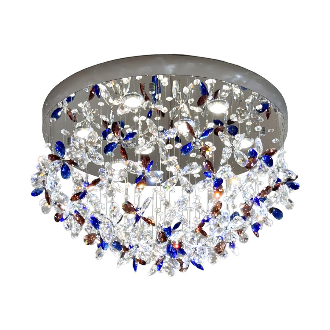 Elegant crystal flush mount lights featuring clear and blue crystals in luxurious dome design