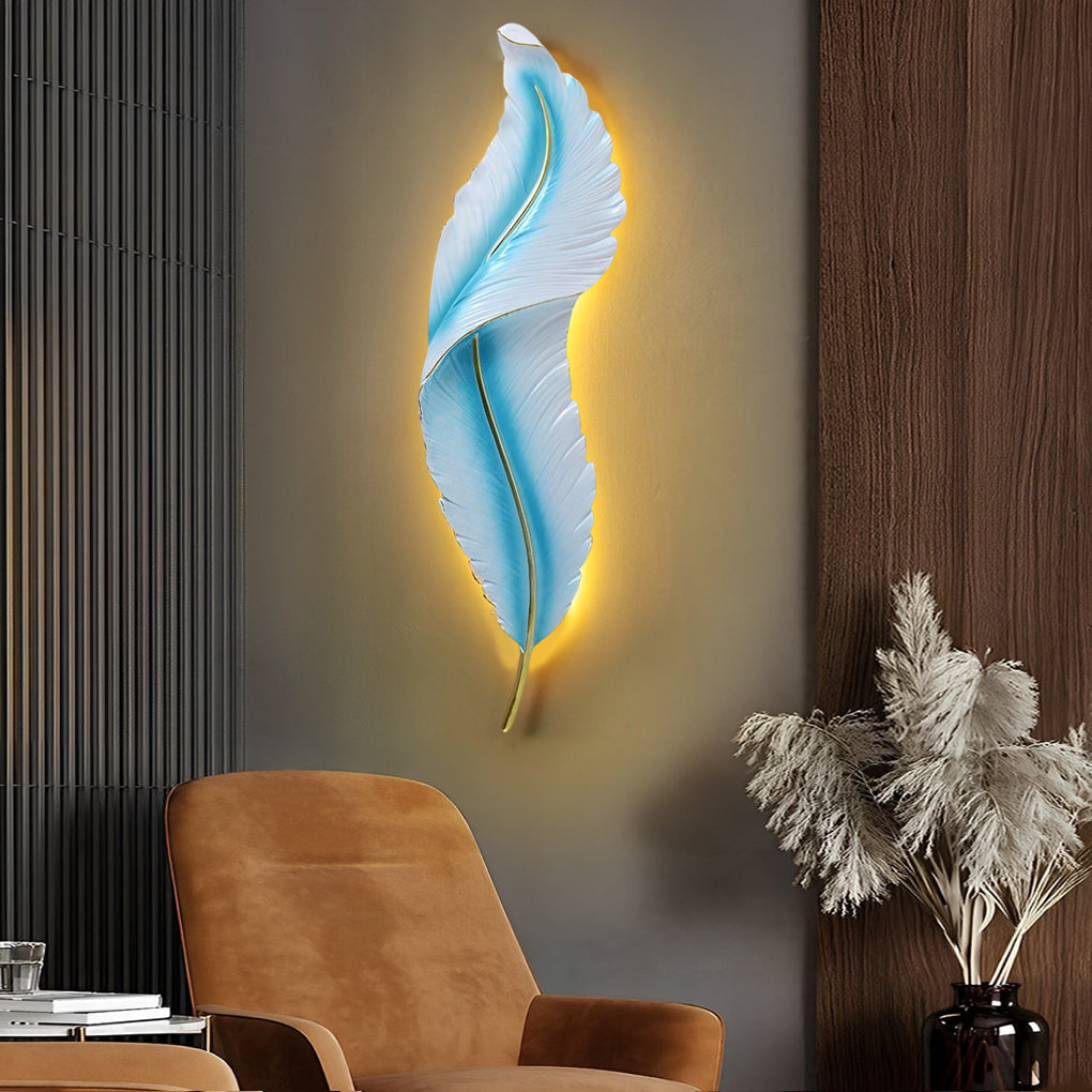 Blue feather wall light on dark paneled wall adding artistic accent lighting.