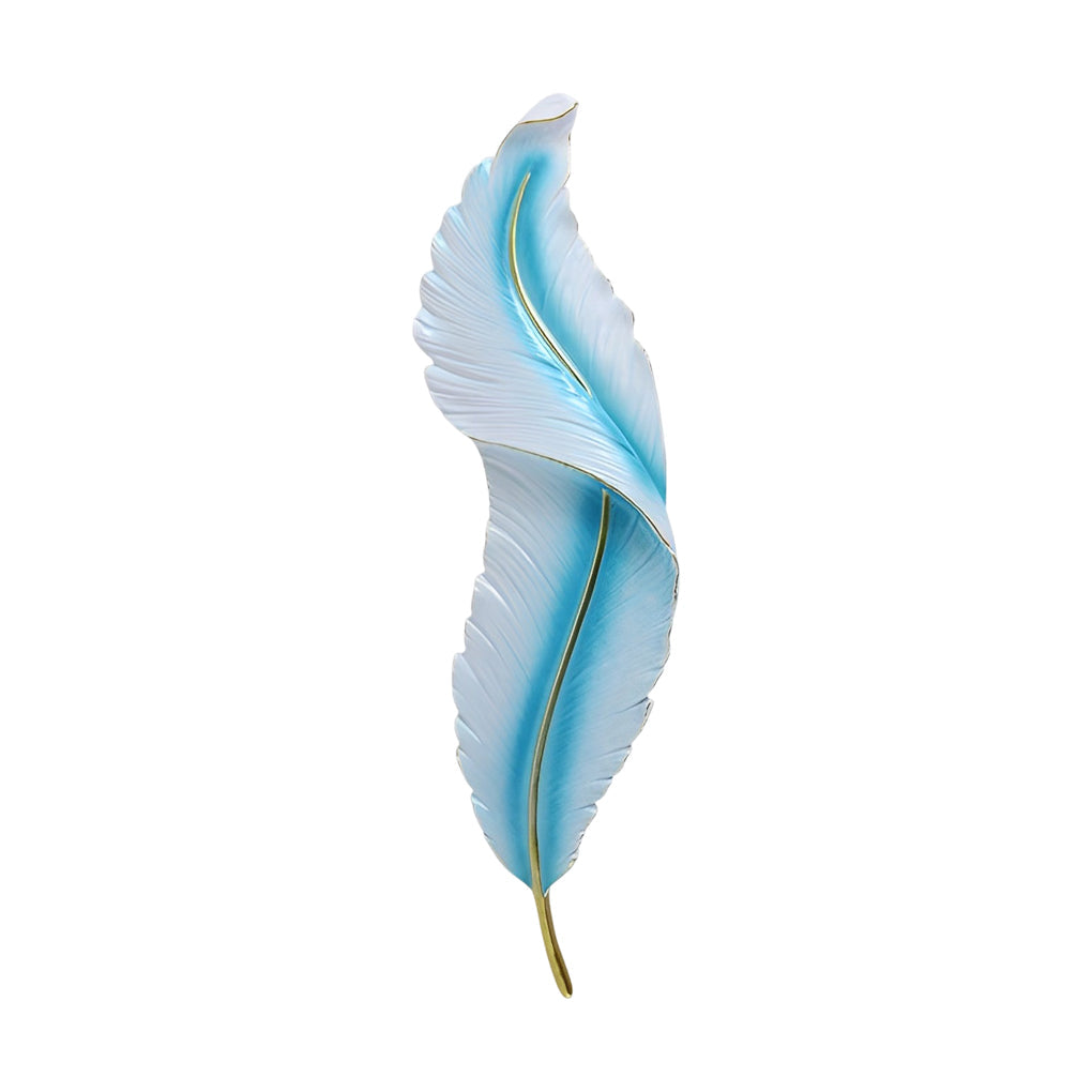 Blue feather wall light product image with curved feather shape and gold detail.