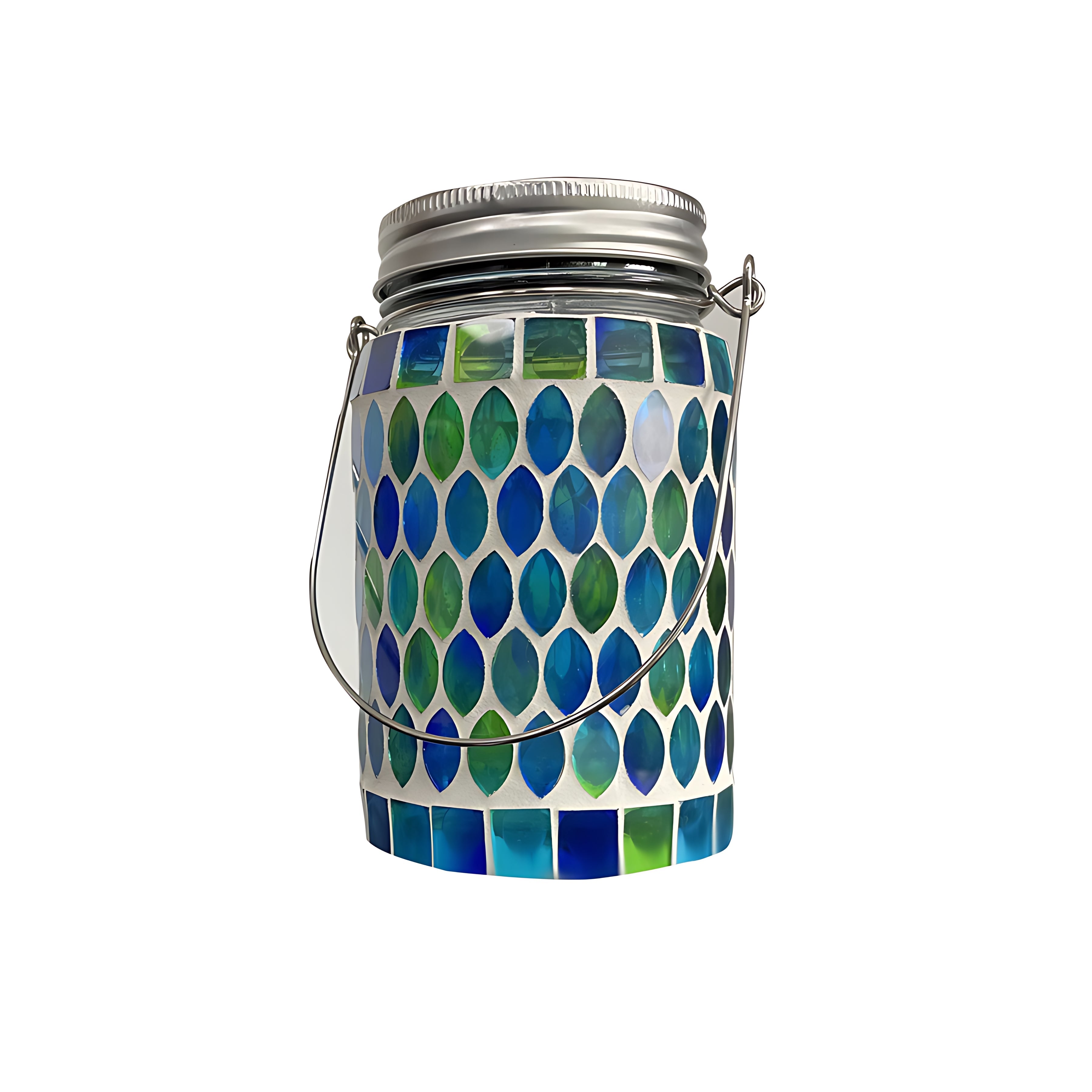 Blue and green mosaic solar light with geometric pattern and cylindrical design