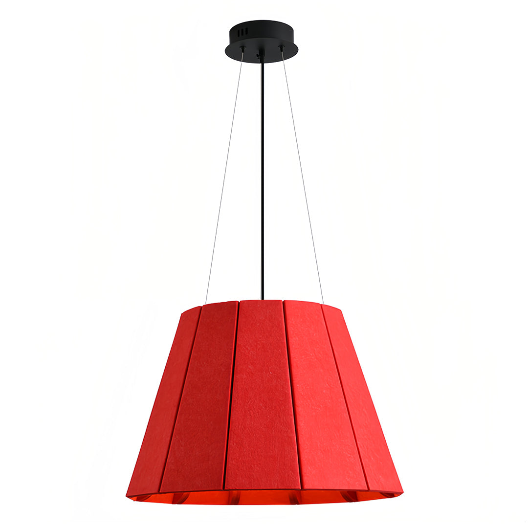 Bold red felt industrial pendant light fixture in a tapered drum shape, designed for visual impact in commercial spaces.