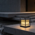 Bollard path lights illuminating a modern outdoor staircase with warm directional glow.