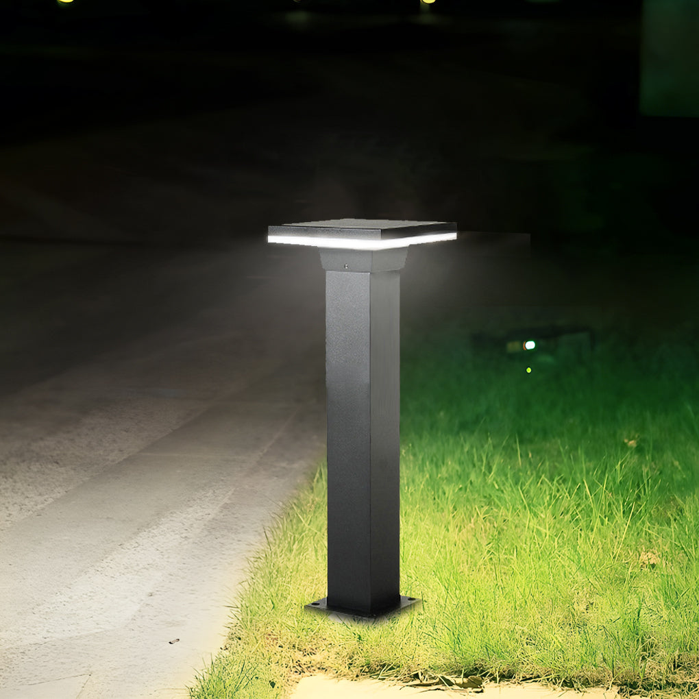 Bollard pathway lights casting bright light on a dark pathway, highlighting modern black design.