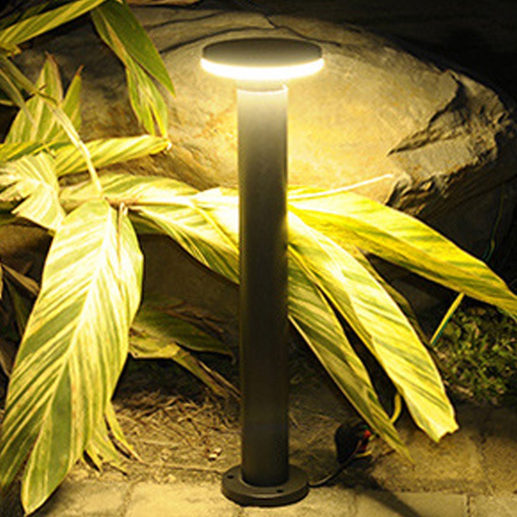 Bollard pathway lights illuminating plants and rocks in a garden, creating a cozy ambiance.